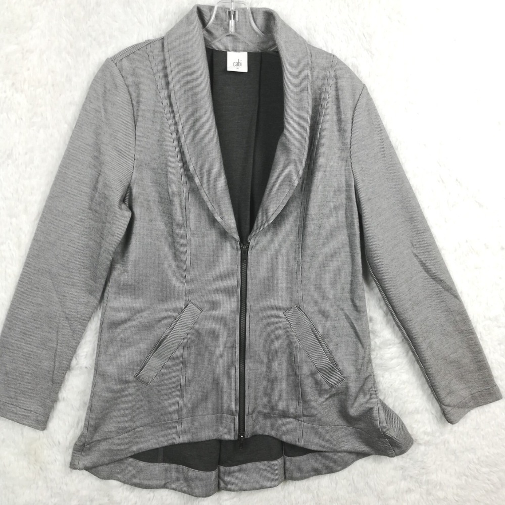 Cabi Womens Blazer Jacket Drop Off Gray Pinstripe Zip High Low Jersey M